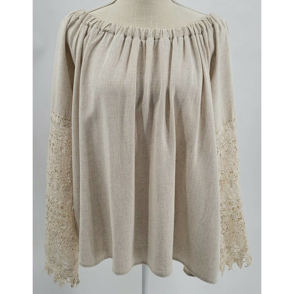 Chrysanthemum Tops - Chrysanthemum Women's M Tan Bell Sleeve Crochet Bell Sleeve Top Slouchy Linen